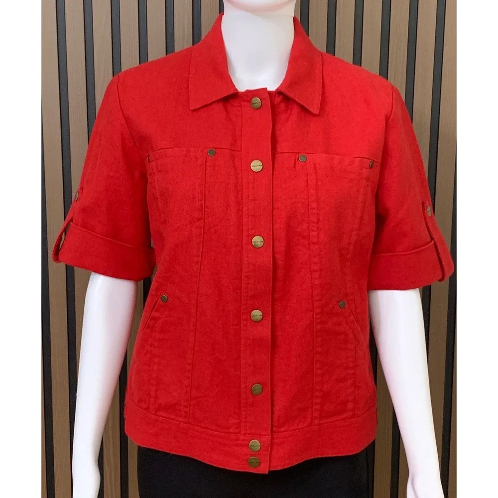 Coldwater Creek Women's Red‎ Linen Blend 10 Short Sleeve Button Jacket
